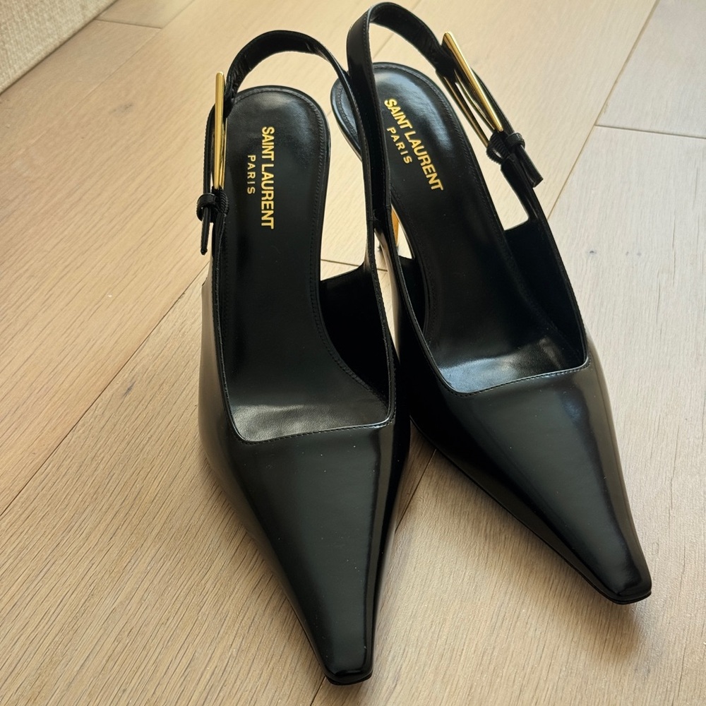 Saint Laurent Black Patent Leather Pointed Slingback Pumps with Gold Buckle - Picture 2 of 4